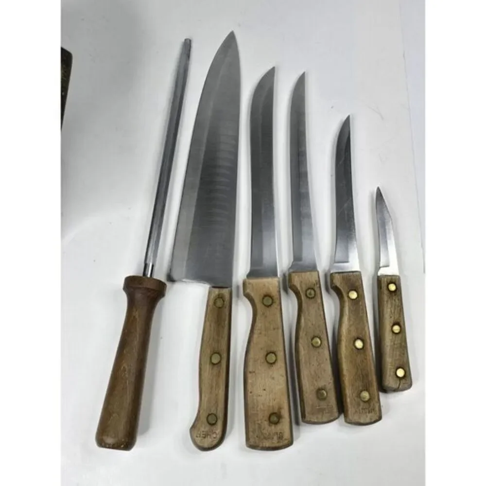 Vintage Old Homestead 7-Piece‎ Block Kitchen Steak Knife Country Bakery 80s 70s